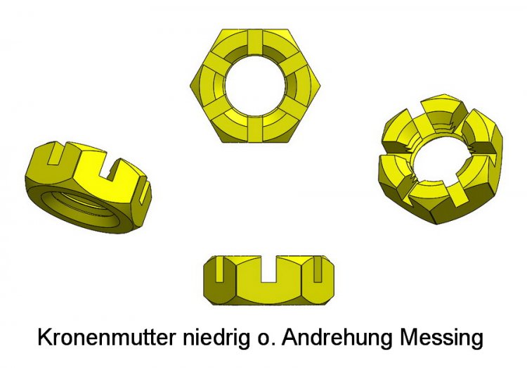 Kronenmutter niedrig ohne Andrehung M1,2 Messing - zum Schließen ins Bild klicken