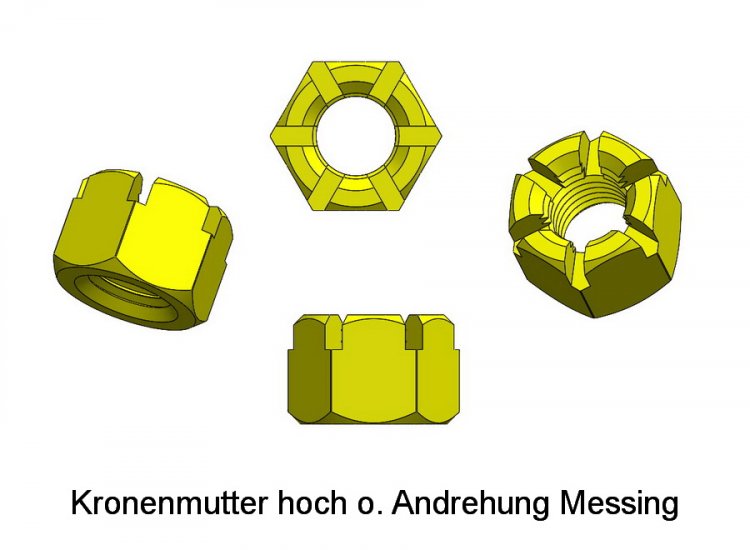 Kronenmutter hoch ohne Andrehung M2,5 Messing - zum Schließen ins Bild klicken